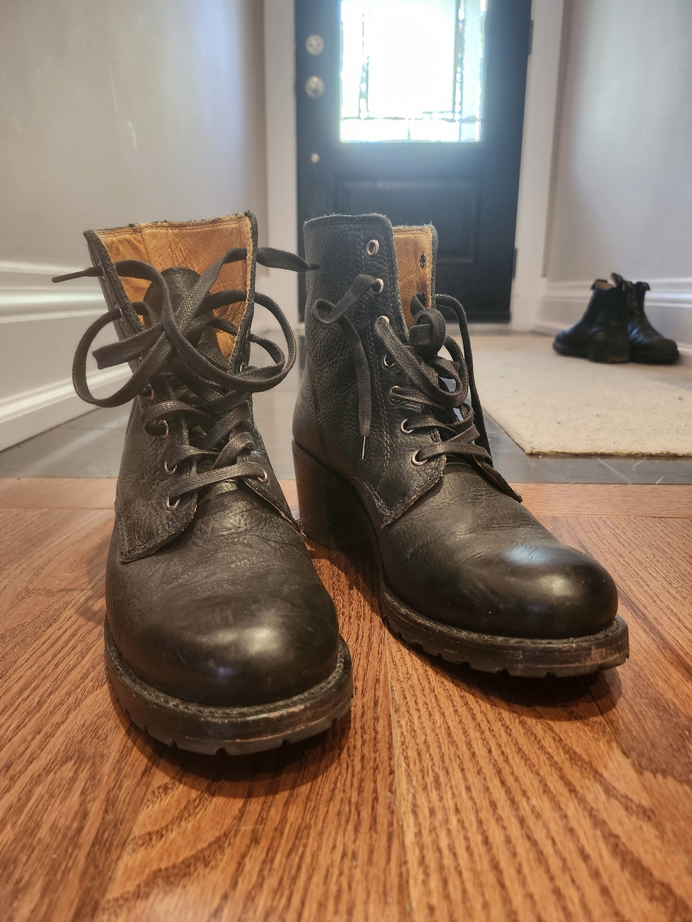 FRYE Sabrina Boot - Black Leather Lace-Up Combat Ankle Boots